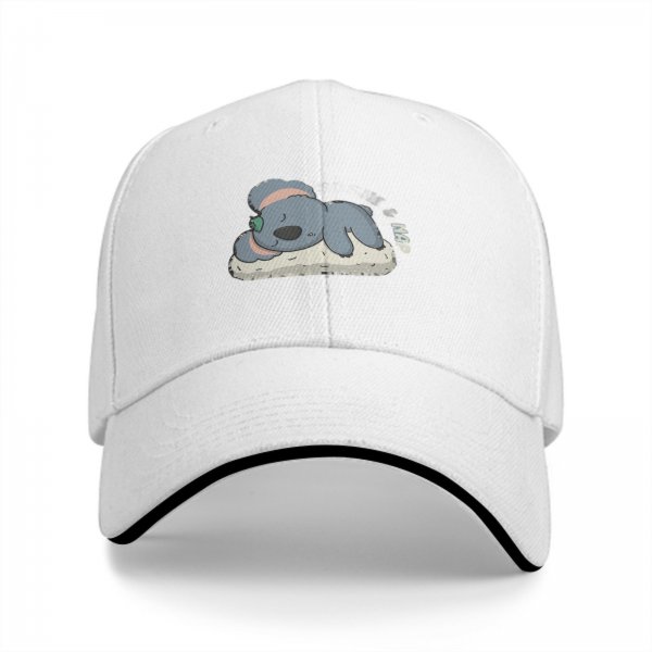 Black baseball cap with sleeping koala and 'nap' graphic