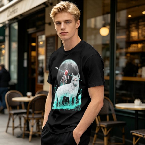 Olive T-Shirt With Wolf Warrior And Moon Forest Art Print