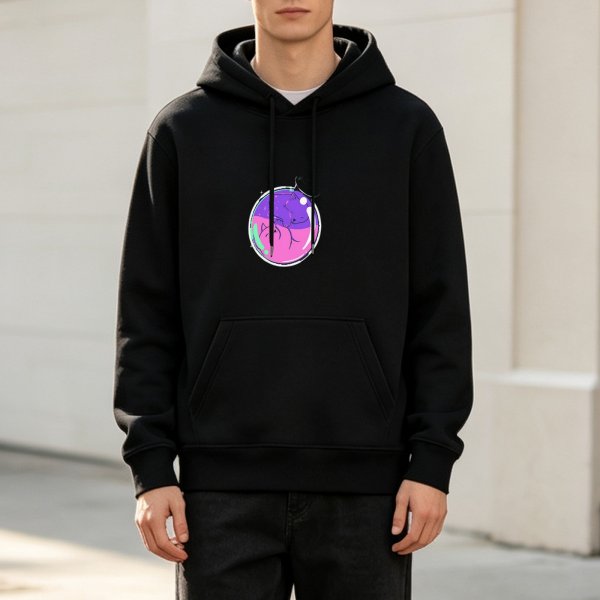 Black hoodie with sleeping cats in a bubble graphic