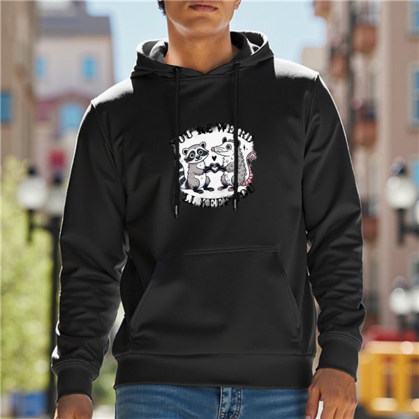 Black hoodie with raccoon and opossum heart graphic and funny text