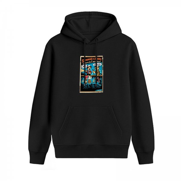 Black hoodie with Stranger Things themed comic print