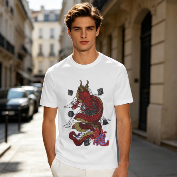 Olive T-shirt with Red Chinese Dragon and Cloud Graphic Print