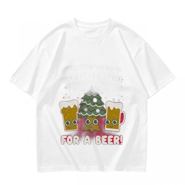 Olive green Christmas beer graphic t-shirt with 'FOR A BEER!' text