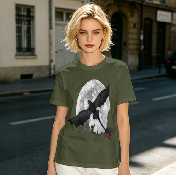 Olive T-Shirt Featuring Night Fury Dragon Flying In Front Of Full Moon