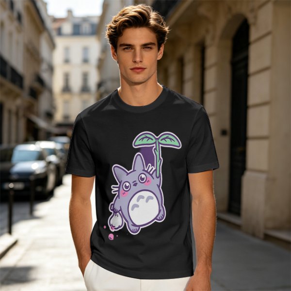 Olive T-Shirt With Cute Chibi Totoro Holding Leaf Print
