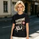Olive graphic tee with caffeine kick cartoon coffee cup design
