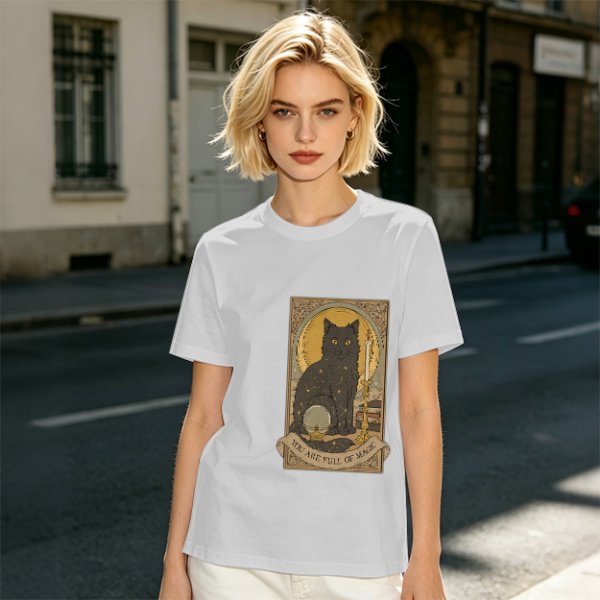 Olive T-Shirt With Black Cat Tarot Card Art That Says You Are Full Of Magic