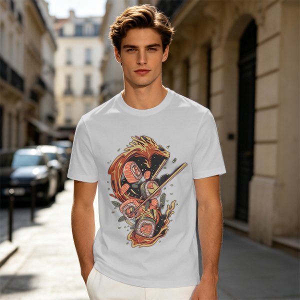 Olive T-shirt with Sushi Dragon Chopstick Art Print