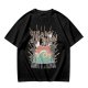 Olive graphic t-shirt with tropical sunset wave and palm tree print