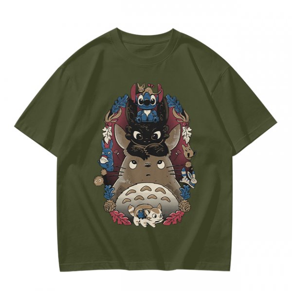 Olive T-Shirt with Stacked Anime Character Totem Print