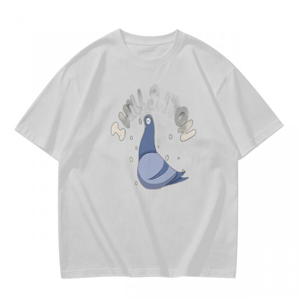 Olive green graphic t-shirt with cartoon pigeon print