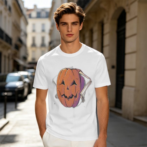 Olive Halloween T-Shirt with Skeleton Arm Jack-o'-Lantern Graphic