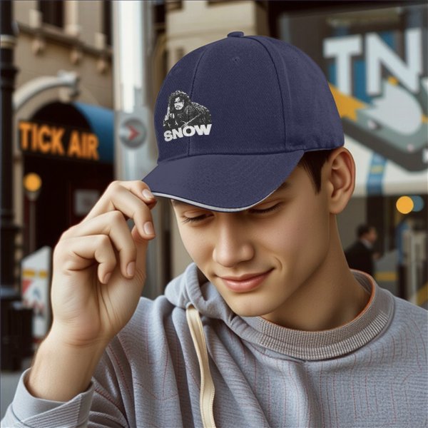 Black baseball cap with Jon Snow graphic and SNOW text