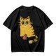 Olive T-Shirt With Cute Surprised Orange Tabby Cat Holding Meat Print