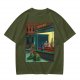 Olive T-Shirt With Surreal Bar Scene Graphic Print