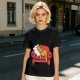 Olive green t-shirt with a sleeping orange cat on a red armchair print