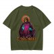 Olive t-shirt with skeleton religious graphic and Ecclesia Grayskullis text