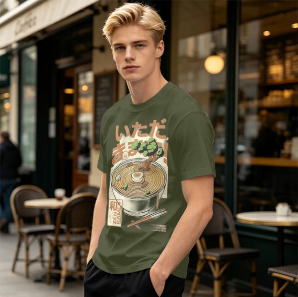Olive green t-shirt with zen ramen bowl and bonsai tree print