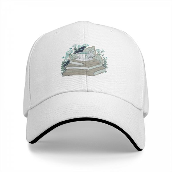 Black baseball cap with teacup on books and botanical print