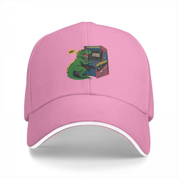 Black Baseball Cap with T-Rex Playing Asteroids Arcade Game Over Print