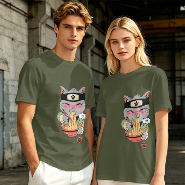 Olive green t-shirt with a ninja cat eating ramen graphic
