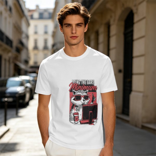 Olive graphic t-shirt with raccoon doing the bare minimum at computer