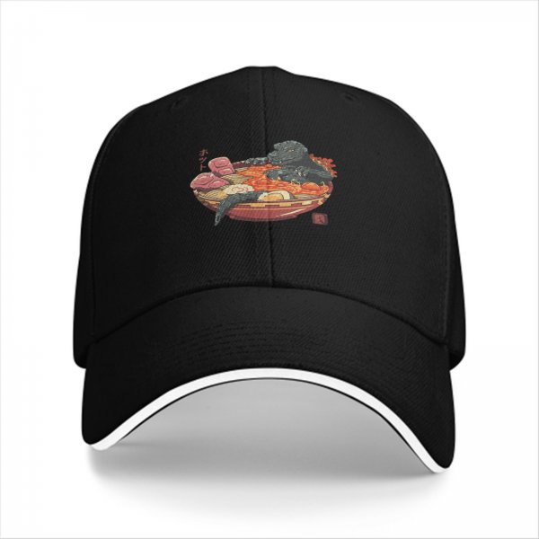 Black Baseball Cap with Godzilla Ramen Bowl Graphic Print
