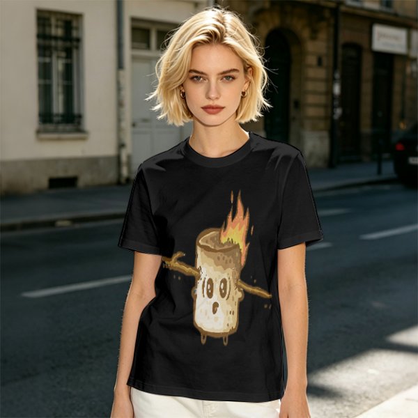 Olive T-Shirt With Surprised Burning Marshmallow Graphic
