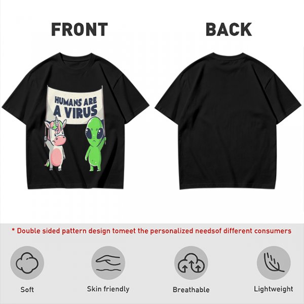Olive T-shirt with Unicorn and Alien Holding 'Humans Are A Virus' Sign
