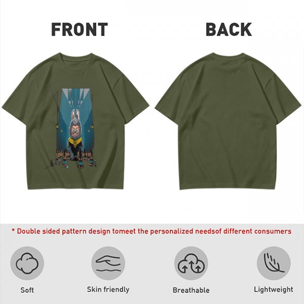 Olive Green T-Shirt With Cartoon Rabbit Character Graphic