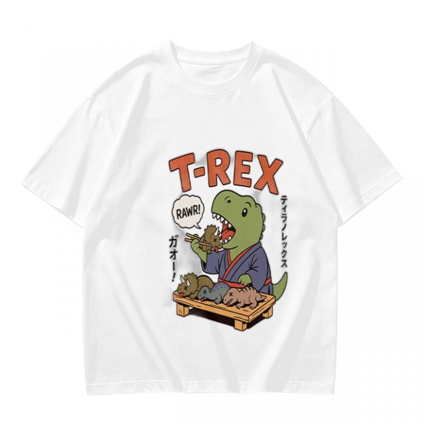Olive T-shirt with cartoon T-Rex holding small dinosaurs and RAWR text