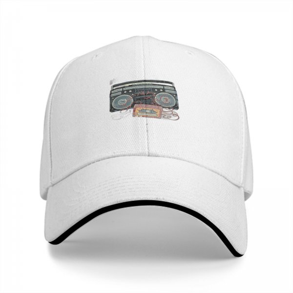 Black Baseball Cap with Retro Boombox and Cassette Print