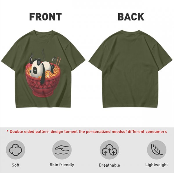 Olive green t-shirt with a panda relaxing in a steaming ramen bowl print