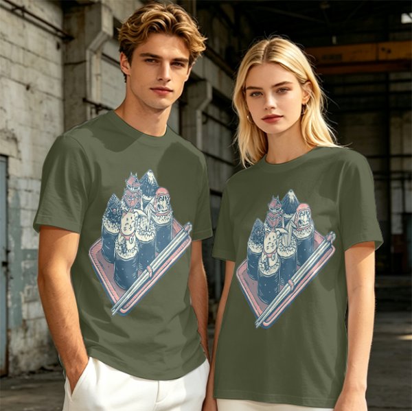 Olive T-Shirt With Sushi Themed Character Art Print