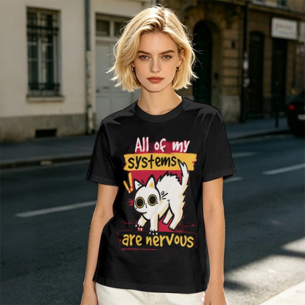 Olive graphic t-shirt with nervous white cat and 'All of my systems are nervous' text