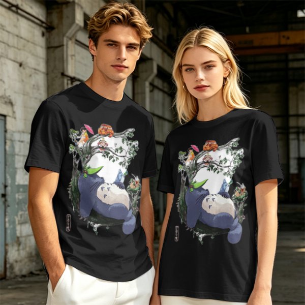 Olive green t-shirt with My Neighbor Totoro forest scene print