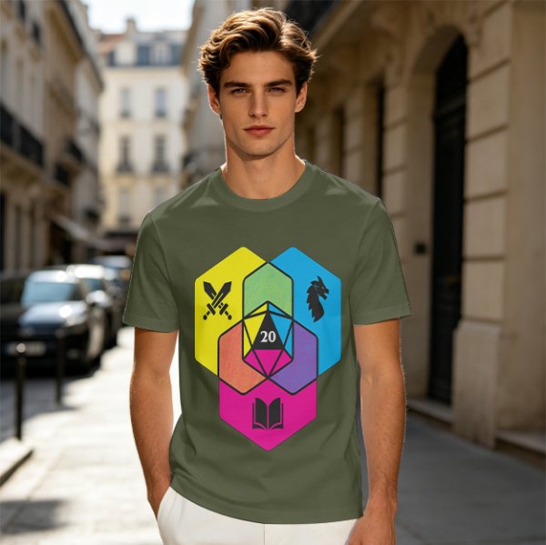 Olive T-Shirt With D20 And Fantasy RPG Themed Hexagon Art