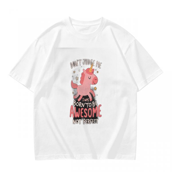 Olive t-shirt with cute unicorn and 'Don't judge me I was born to be awesome not perfect' text