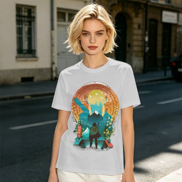 Olive Green T-Shirt With Fantasy Hero Silhouette Landscape Art