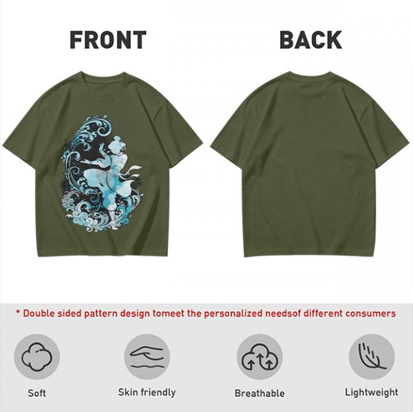 Olive T-shirt with Waterbender Character and Wave Art Print