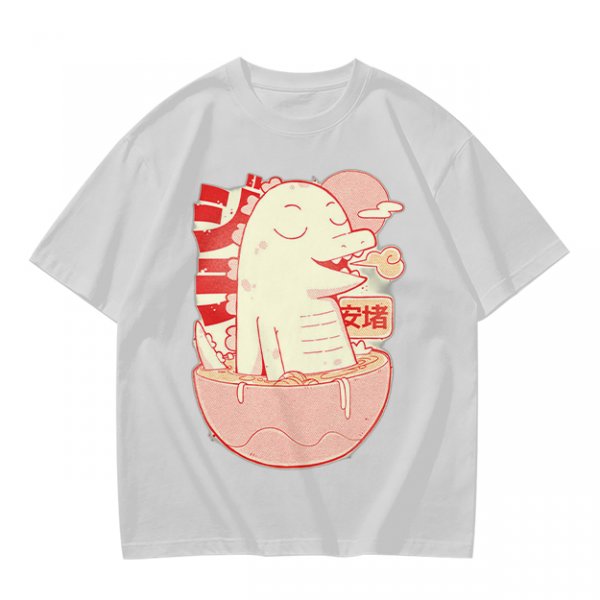 Olive t-shirt with a cartoon dinosaur in a ramen bowl graphic