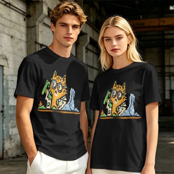 Olive T-Shirt With Mad Scientist Cat Chemistry Lab Print