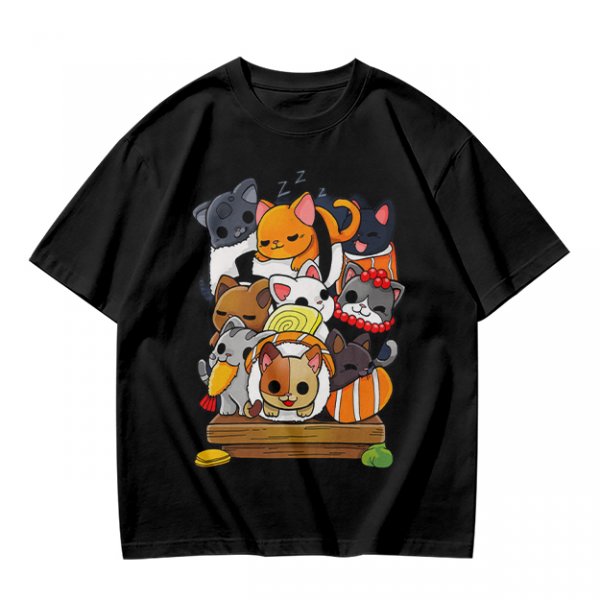 Olive T-Shirt With Cute Sushi Cat Stack Graphic Print