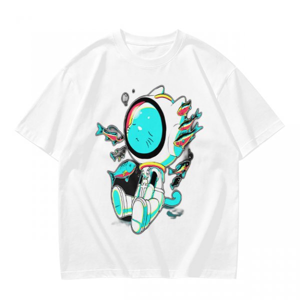 Olive T-Shirt with Astronaut Cat and Fish Graphic Print