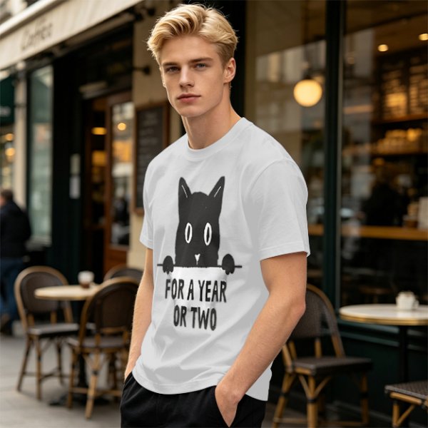 Olive graphic t-shirt with black cat holding 'for a year or two' text