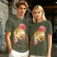 Olive t-shirt with Japanese cat bus and sun graphic