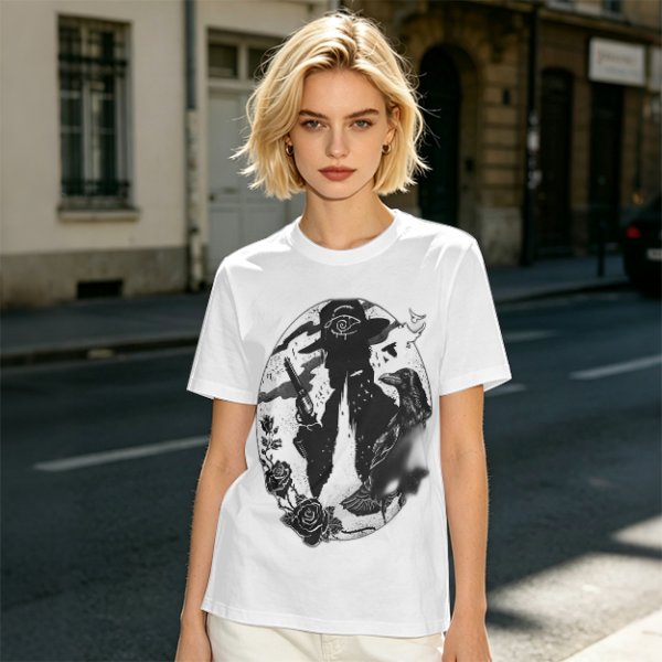 Olive T-Shirt With Western Gunslinger Crow And Roses Graphic