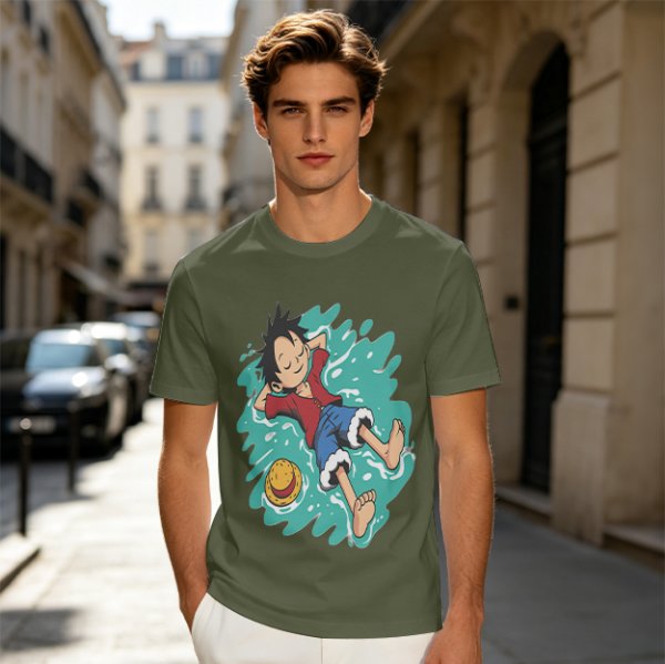 Olive anime t-shirt with Luffy relaxing in water print