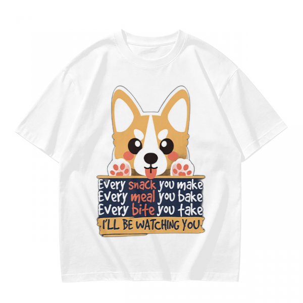 Olive t-shirt with corgi graphic and 'I'll Be Watching You' snack quote