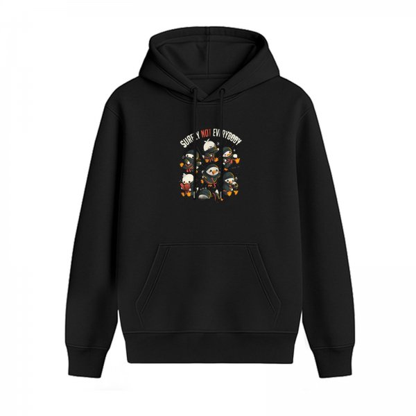 Black hoodie with ninja duck graphic and 'Surely Not Everybody' text